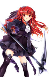 1girl :d black_dress black_thighhighs character_request dress female_focus gloves kirino_kasumu long_hair looking_at_viewer official_art open_mouth red_eyes red_hair scythe simple_background smile solo thighhighs two_side_up weapon white_background xiii_ban_no_tarot_sorceress