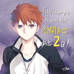 Rule 34 | 1boy, collarbone, commentary request, countdown, emiya shirou, english text, fate/stay night, fate (series), high collar, highres, looking at viewer, male focus, raglan sleeves, red hair, short hair, solo, taa (acid), upper body
