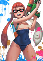Rule 34 | 1girl, clothes pull, convenient censoring, covered navel, fangs, ink tank (splatoon), inkling, inkling girl, inkling player character, lasterk, long hair, looking at viewer, nintendo, one-piece swimsuit, one-piece swimsuit pull, open mouth, paint splatter, paint stains, pointy ears, red eyes, red hair, smile, solo, splatoon (series), splatoon 1, super soaker, swimsuit, tentacle hair