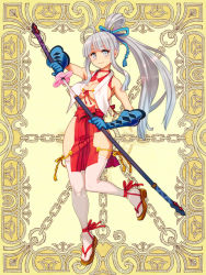 Rule 34 | 1girl, breasts, cleavage, full body, gloves, grey eyes, high ponytail, holding, kerberos blade, knees together feet apart, long hair, looking at viewer, official art, ryoji (nomura ryouji), sandals, sheath, sidelocks, silver hair, sleeveless, smile, solo, sword, thighhighs, weapon, white thighhighs, yellow background