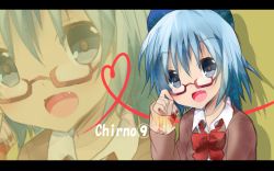 Rule 34 | circled 9, 1girl, :d, alternate costume, bespectacled, blue eyes, blue hair, bow, character name, cirno, fang, female focus, glasses, hair bow, heart, heart of string, kuromu (underporno), letterboxed, matching hair/eyes, open mouth, school uniform, short hair, smile, solo, touhou, upper body, zoom layer