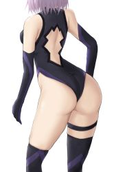 Rule 34 | 1girl, arched back, ass, back, back cutout, backboob, bare shoulders, black thighhighs, breasts, clothing cutout, c~fua, elbow gloves, fate/grand order, fate (series), from behind, gloves, head out of frame, highres, leotard, mash kyrielight, purple hair, short hair, simple background, standing, thigh strap, thighhighs, thighs, white background