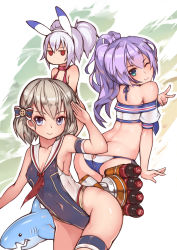 Rule 34 | 3girls, animal ears, arm up, ass, azur lane, bare shoulders, blue eyes, blush, butt crack, closed mouth, collarbone, covered navel, green eyes, hair between eyes, hairband, halterneck, highres, inflatable shark, inflatable toy, javelin (azur lane), jitome, laffey (azur lane), looking back, multiple girls, neckerchief, one-piece swimsuit, one eye closed, ponytail, purple hair, rabbit ears, red eyes, red neckerchief, rigging, sailor collar, sidelocks, silver hair, smile, stmast, swimsuit, thigh strap, thighs, twintails, v, wavy hair, z23 (azur lane)