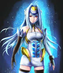Rule 34 | 00s, 1girl, android, antenna hair, bare shoulders, black gloves, blue hair, cowboy shot, elbow gloves, fingerless gloves, gloves, ishii hisao, kos-mos, long hair, looking at viewer, red eyes, solo, thighhighs, xenosaga, xenosaga episode i, xenosaga episode iii