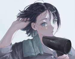 Rule 34 | 1girl, aqua eyes, black hair, buttons, drying, drying hair, grey shirt, hair dryer, hand in own hair, hand up, hanio3, highres, holding, holding hair dryer, looking at viewer, mole, mole under eye, original, parted lips, shirt, short hair, signature, simple background, sleeves rolled up, solo, towel, towel around neck, upper body, wet