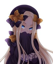 Rule 34 | 1girl, abigail williams (fate), black bow, black dress, black hat, blonde hair, blue eyes, blush, bow, covered mouth, dress, fate/grand order, fate (series), forehead, hair bow, hands up, hat, head tilt, long hair, long sleeves, looking at viewer, orange bow, parted bangs, polka dot, polka dot bow, shinonome ryuu, simple background, sleeves past fingers, sleeves past wrists, solo, upper body, very long hair, white background