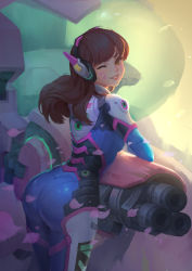 Rule 34 | 1girl, ;d, arm cannon, armor, ass, bodysuit, boots, breasts, brown eyes, brown hair, caoqianlin1225, character name, cowboy shot, d.va (overwatch), facepaint, facial mark, from behind, gatling gun, gloves, grin, gun, headphones, highres, legs together, lips, lipstick, long hair, long sleeves, looking at viewer, makeup, mecha, medium breasts, meka (overwatch), one eye closed, open mouth, overwatch, overwatch 1, pauldrons, petals, pilot suit, pink lips, ribbed bodysuit, robot, shoulder armor, shoulder pads, skin tight, smile, solo, thigh boots, thigh strap, thighhighs, turtleneck, weapon, whisker markings