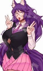 Rule 34 | 1girl, absurdres, animal ears, breasts, breath, cleavage, commission, double v, fox ears, fox girl, fox tail, glasses, highres, large breasts, long hair, long sleeves, looking at viewer, necktie, open mouth, original, pink necktie, pink skirt, pleated skirt, purple eyes, purple hair, round eyewear, skirt, solo, tail, teeth, tongue, tongue out, twitter username, upper teeth only, v, waki (w4kih)