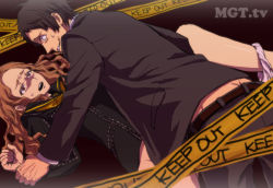 Rule 34 | 1boy, 1girl, adachi tooru, age difference, atlus, belt, blazer, brown eyes, brown hair, caution tape, clothed sex, english text, formal, grin, hetero, holding another&#039;s wrist, jacket, keep out, konishi saki, missionary, panties, panties around leg, pencil (enpitsu), persona, persona 4, police, rape, scared, school uniform, serafuku, sex, smile, spoilers, suit, text focus, underwear, vaginal