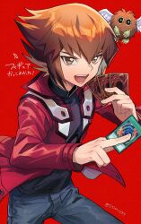 Rule 34 | 1boy, artist name, black shirt, brown eyes, brown hair, card, dated, denim, duel academy uniform (yu-gi-oh! gx), highres, holding, holding card, jacket, jeans, male focus, multicolored hair, open mouth, pants, polymerization, red background, red jacket, shirt, short hair, stim yyy, trading card, winged kuriboh, yu-gi-oh!, yu-gi-oh! gx, yuki judai