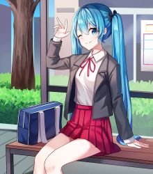 Rule 34 | 1girl, ;), absurdres, arm support, arm up, bag, bare legs, bench, black bow, blazer, blue eyes, blue hair, bow, closed mouth, collared shirt, day, hair bow, hatsune miku, highres, ille (xcpa7325), jacket, long hair, long sleeves, miniskirt, neck ribbon, one eye closed, open clothes, open jacket, outdoors, pleated skirt, red ribbon, red skirt, ribbon, school bag, school uniform, shirt, sitting, skirt, smile, solo, twintails, very long hair, vocaloid, white shirt, wing collar