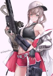 Rule 34 | 1girl, absurdres, aqua eyes, ar-57, ar-57 (girls&#039; frontline), assault rifle, black gloves, black tank top, blonde hair, breasts, carbine, closed mouth, clothes pull, crop top, eye piercing, feet out of frame, fingerless gloves, girls&#039; frontline, gloves, gun, hand on own hip, highres, holding, holding gun, holding weapon, jacket, jacket pull, lithographica, long hair, looking at viewer, medium breasts, navel, open clothes, open jacket, personal defense weapon, pink shorts, pistol-caliber carbine, rifle, shorts, side ponytail, sideboob, solo, standing, submachine gun, tank top, twitter username, weapon, white background, white headwear, white jacket