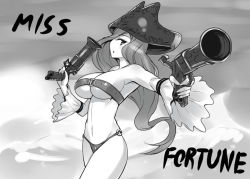 Rule 34 | 1girl, bare shoulders, belt bra, breasts, character name, cleavage, cowboy shot, darabuchi, detached sleeves, dual wielding, foreshortening, greyscale, groin, gun, hat, holding, large breasts, league of legends, long hair, looking at viewer, monochrome, navel, o-ring bottom, pirate hat, miss fortune (league of legends), solo, weapon, wide sleeves