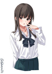 Rule 34 | 1girl, blush, brown eyes, buttoned cuffs, buttons, collared shirt, cowboy shot, dress shirt, ebifurya, green skirt, hatsuyuki (kancolle), highres, kantai collection, long hair, long sleeves, looking at viewer, one-hour drawing challenge, open mouth, pleated skirt, school uniform, shirt, skirt, solo, twitter username, white background, white shirt