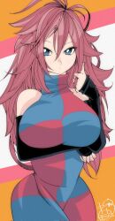 Rule 34 | 1girl, android 21, blue eyes, blue nails, breasts, brown hair, checkered clothes, checkered dress, closed mouth, detached sleeves, dragon ball, dragon ball fighterz, dress, female focus, hair between eyes, highres, kinakomochi (user vedc2333), large breasts, long hair, looking at viewer, signature, solo, standing, very long hair