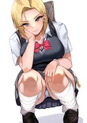 Rule 34 | 1girl, absurdres, android 18, bead bracelet, beads, black footwear, black vest, blonde hair, blush, bow, bowtie, bracelet, breasts, collared shirt, commentary request, dragon ball, dragonball z, full body, grey eyes, highres, jewelry, jovejun, kneehighs, large breasts, light smile, loose socks, panties, pantyshot, pleated skirt, red bow, red bowtie, school uniform, shirt, short hair, short sleeves, simple background, skirt, socks, solo, squatting, thighs, underwear, v-shaped eyebrows, vest, white background, white socks, white panties, white shirt