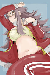 Rule 34 | 1girl, belly, blue background, blush, borrowed character, bra, breasts, brown eyes, brown hair, glasses, highres, honky, jacket, large breasts, long hair, lying, messy hair, navel, on back, open clothes, open jacket, original, pants, plump, semi-rimless eyewear, simple background, solo, sweatdrop, track jacket, track pants, track suit, underwear, yellow-framed eyewear, yonezawa natsumi, yuusha to maou, zipper