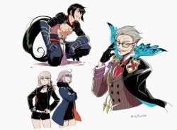 Rule 34 | 2boys, 2girls, artoria pendragon (all), artoria pendragon (fate), asaya minoru, bad id, bad twitter id, belt, black-framed eyewear, black camisole, black cape, black dress, black gloves, black hair, black jacket, black shorts, blue cape, blue jacket, blue pants, brown eyes, brown jacket, camisole, cape, chest tattoo, closed mouth, commentary request, cropped legs, cropped torso, crossed arms, dress, facial hair, fate/grand order, fate/stay night, fate (series), flower tattoo, fur-trimmed jacket, fur-trimmed sleeves, fur trim, gauntlets, glasses, gloves, grey background, grey hair, hair between eyes, hand up, hands on own hips, jacket, james moriarty (archer) (fate), jeanne d&#039;arc (fate), jeanne d&#039;arc alter (fate), jeanne d&#039;arc alter (ver. shinjuku 1999) (fate), light brown hair, long hair, long sleeves, looking at another, looking at viewer, looking away, looking to the side, low ponytail, multicolored cape, multicolored clothes, multiple boys, multiple girls, mustache, official alternate costume, open clothes, open jacket, pants, parted lips, ponytail, saber alter, saber alter (ver. shinjuku 1999) (fate), short dress, short shorts, shorts, striped clothes, striped jacket, tattoo, topless male, twitter username, vertical-striped clothes, vertical-striped jacket, very long hair, white belt, wicked dragon witch ver. shinjuku 1999, yan qing (fate), yellow eyes