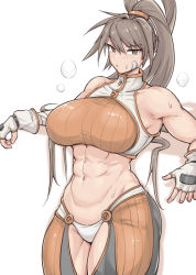Rule 34 | 1girl, abs, bandaid, bandaid on cheek, bandaid on face, bare shoulders, breasts, brown eyes, brown hair, dungeon and fighter, fighter (dungeon and fighter), fingerless gloves, gloves, hair between eyes, highres, large breasts, long hair, looking at viewer, navel, nia (0122), ponytail, simple background, solo, striker (dungeon and fighter), sweat, thick thighs, thighs, white background, white gloves