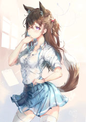 Rule 34 | 1girl, absurdres, animal ears, artist name, blue skirt, brown hair, digital media player, hair bobbles, hair ornament, highres, icefurs, indoors, long hair, mouth hold, original, pleated skirt, purple eyes, school uniform, shirt, simple background, skirt, solo, standing, tail, thighhighs, white shirt, white thighhighs, wristband