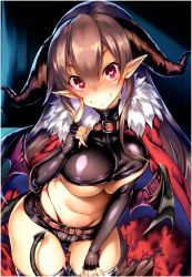 Rule 34 | absurdres, breasts, brown hair, demon girl, demon horns, demon tail, demon wings, heart, heart-shaped pupils, highres, horns, ichijou hitoshi, large breasts, non-web source, original, red eyes, solo, symbol-shaped pupils, tail, wings