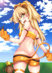 Rule 34 | 10s, 1girl, animal ears, animal hands, ass, back, bandeau, bell, blonde hair, butt crack, claws, cloud, day, fang, gloves, green eyes, idolmaster, idolmaster cinderella girls, jingle bell, jougasaki rika, kizaki yuuri, lion ears, lion tail, long hair, paw gloves, short shorts, shorts, sky, solo, striped clothes, striped legwear, striped thighhighs, tail, tail bell, tail ornament, thighhighs, two side up