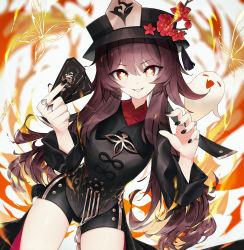 Rule 34 | 1girl, absurdres, black hat, black nails, black shorts, brown hair, bug, butterfly, chinese clothes, cowboy shot, fire, flower, genshin impact, ghost, hat, hat flower, highres, hu tao (genshin impact), insect, jewelry, juffles, looking at viewer, nail polish, red eyes, ring, short shorts, shorts, smile, solo, symbol-shaped pupils, tailcoat, ticket, top hat, twintails