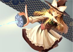 Rule 34 | 1girl, blonde hair, braid, clere, fang, grin, hat, kirisame marisa, long hair, looking at viewer, mini-hakkero, neckerchief, pointing weapon, skirt, smile, solo, spell card, touhou, vest, witch hat, yellow eyes