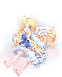 Rule 34 | 1girl, bad id, bad pixiv id, barefoot, blonde hair, blue bow, blue eyes, blush, bow, collarbone, commentary request, dress, feathered wings, filo (tate no yuusha no nariagari), highres, long hair, long sleeves, looking at viewer, n15e, open mouth, parted bangs, smile, solo, tate no yuusha no nariagari, very long hair, white wings, wings