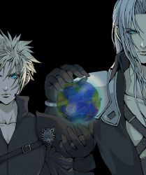 Rule 34 | 2boys, aqua eyes, armor, black background, black gloves, black jacket, black shirt, blonde hair, blue eyes, chest strap, cloud strife, collarbone, earrings, earth (planet), final fantasy, final fantasy vii, final fantasy vii advent children, garakuta (chika), gloves, height difference, high collar, jacket, jewelry, long hair, multiple boys, open collar, parted bangs, planet, popo (popochan-f), sephiroth, shirt, shoulder armor, side-by-side, silver hair, single earring, spiked hair, square enix, upper body, wolf