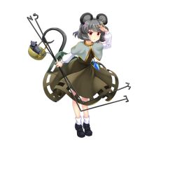 Rule 34 | 1girl, :&lt;, animal ears, arm up, basket, black footwear, brown eyes, capelet, dowsing rod, full body, game cg, grey capelet, grey shirt, grey skirt, highres, holding, jewelry, long sleeves, looking at viewer, mouse (animal), mouse ears, mouse girl, mouse tail, nazrin, pendant, red eyes, rotte (1109), shirt, short hair, simple background, skirt, socks, solo, tail, third-party source, touhou, touhou lostword, white background, white socks