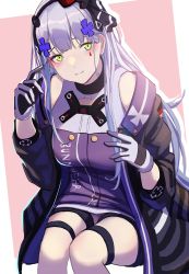 Rule 34 | 1girl, 3 small spiders, absurdres, arm up, blue hair, blush, breasts, closed mouth, commentary, feet out of frame, german flag, girls&#039; frontline, gloves, green eyes, hair ornament, hair ribbon, hairband, hairclip, highres, hk416 (girls&#039; frontline), hk416 (mod3) (girls&#039; frontline), light blue hair, long hair, looking at viewer, medium breasts, ribbon, simple background, sitting, smile, solo, tactical clothes, teardrop facial mark, teardrop tattoo, uniform, white gloves
