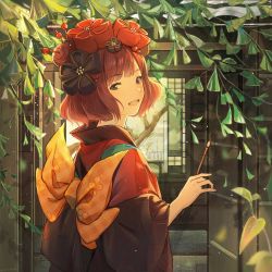 Rule 34 | 1girl, :d, black eyes, black kimono, brown hair, day, dr woodpecker, fate/grand order, fate (series), hair ornament, hairpin, highres, holding, holding brush, japanese clothes, katsushika hokusai (fate), kimono, long sleeves, looking at viewer, open mouth, outdoors, short hair, smile, solo, upper body