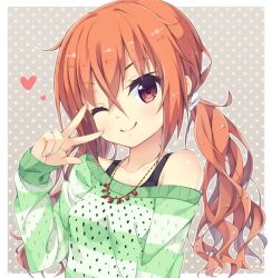 Rule 34 | 1girl, ;), akishisu (air balance), blush, breasts, casual, closed mouth, collarbone, crossed bangs, eyelashes, green sweater, grey background, hair between eyes, heart, inaba meguru, jewelry, long hair, looking at viewer, low twintails, necklace, off shoulder, one eye closed, orange hair, polka dot, polka dot background, red eyes, sanoba witch, simple background, single bare shoulder, sleeves past wrists, small breasts, smile, solo, striped clothes, striped sweater, sweater, twintails, upper body, v-shaped eyebrows, w, w over eye, wavy hair