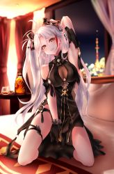 Rule 34 | 1girl, alcohol, arm behind head, azur lane, bad id, bad pixiv id, bare shoulders, black dress, black gloves, bow, clothing cutout, dress, full body, gloves, hair bow, highres, indoors, long hair, looking at viewer, multicolored hair, neconel, on bed, prinz eugen (azur lane), prinz eugen (cordial cornflower) (azur lane), red hair, shoulder cutout, silver hair, streaked hair, twintails, underboob cutout, window