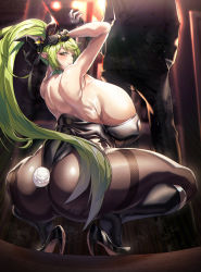 Rule 34 | 1girl, absurdres, animal ears, armpits, arms up, ass, backless leotard, black footwear, black gloves, black leotard, black pantyhose, breasts, choker, covered erect nipples, curvy, elf, elsword, fake animal ears, from behind, gloves, green hair, hair ribbon, high heels, highleg, highleg leotard, highres, huge ass, huge breasts, leotard, light rays, long hair, looking at viewer, looking back, pantyhose, playboy bunny, pointy ears, ponytail, rabbit ears, rabbit tail, rena erindel, restart, ribbon, shiny clothes, shiny skin, sideboob, skin tight, skindentation, spread legs, squatting, strapless, strapless leotard, sweat, thick thighs, thighband pantyhose, thighs, thong leotard, very long hair