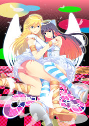 Rule 34 | 10s, 2girls, :p, angel, ass, azuma kei, blonde hair, blue eyes, blue nails, bow, cameltoe, corset, hair bow, halo, highres, long hair, multicolored hair, multiple girls, nail polish, panties, panty &amp; stocking with garterbelt, panty (psg), pantyshot, pink nails, siblings, sisters, sitting, smile, stocking (psg), striped clothes, striped legwear, striped thighhighs, thighhighs, tongue, tongue out, two-tone hair, underwear, wings