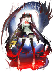Rule 34 | 1girl, :d, absurdres, antenna hair, black hair, black thighhighs, blood, blood on hands, blouse, blue skirt, bow, bowtie, closed mouth, coat, collared shirt, english text, fangs, fins, full body, gun, hair between eyes, highres, holding, holding gun, holding weapon, horns, id card, kriss vector, long hair, long sleeves, looking at viewer, miniskirt, monster, multicolored hair, open clothes, open coat, open mouth, original, pleated skirt, pool of blood, puffy long sleeves, puffy sleeves, red bow, red bowtie, red coat, red horns, reflection, sea monster, sharp teeth, shirt, shoes, signature, skirt, skull, smile, sneakers, solo, soyoong jun, spikes, standing, streaked hair, submachine gun, teeth, thighhighs, triangle, twintails, upper teeth only, very long hair, weapon, white footwear, white hair, white shirt, yellow eyes, zipper, zipper pull tab