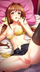 Rule 34 | 1girl, bed sheet, black skirt, black thighhighs, blush, bow, bra, bra pull, breasts, brown eyes, brown hair, censored, cleavage, clothes lift, clothes pull, collarbone, doukyuusei another world, game cg, hair between eyes, hair bow, hair intakes, kakyuusei 2, long hair, medium breasts, miniskirt, mosaic censoring, navel, nipples, off shoulder, official art, open clothes, open mouth, open skirt, panties, pillow, pussy, saimon tamaki, shiny clothes, shiny legwear, shiny skin, skirt, skirt lift, solo, spread legs, thighhighs, twintails, underwear, very long hair, yellow bow, yellow bra, yellow panties