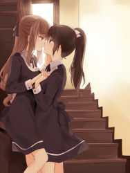 Rule 34 | 2girls, black dress, black hair, blush, brown eyes, brown hair, collared dress, commentary, couple, dress, eye contact, hair ribbon, holding hands, imminent kiss, interlocked fingers, long hair, long sleeves, looking at another, multiple girls, natsu (natume0504), neck, original, ponytail, ribbon, school uniform, sidelocks, stairs, stairwell, standing, victorian, window, yuri