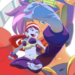 Rule 34 | 2girls, bandana, barefoot, breasts, cleavage, feet, looking at viewer, multiple girls, navel, purple hair, risky boots, scamwich, shantae, shantae (series), shantae and the pirate&#039;s curse, soles, stomach, toes