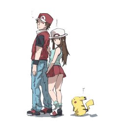 Rule 34 | ..., 1boy, 1girl, :|, absurdres, arm at side, bare shoulders, baseball cap, behind another, black eyes, black footwear, black shirt, black wristband, blue legwear, blue shirt, blush stickers, breasts, brown hair, closed mouth, creatures (company), denim, frown, game freak, gen 1 pokemon, green (pokemon), hat, height difference, high collar, highres, jeans, jitome, legs apart, long hair, looking at another, looking back, looking down, looking up, loose socks, nintendo, no panties, pants, pikachu, pocket, pokemon, pokemon (creature), pokemon frlg, porkpie hat, rauto, red (pokemon), red (pokemon frlg), red footwear, red headwear, red skirt, red vest, shadow, shirt, shirt grab, shoes, short sleeves, simple background, skirt, sleeveless, sleeveless shirt, small breasts, smirk, socks, solid eyes, standing, sweatdrop, tail, thighs, translation request, vest, white background, white footwear, white headwear, wristband