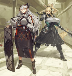 Rule 34 | 2girls, alternate breast size, animal ears, arknights, armor, black footwear, black shirt, black skirt, blonde hair, boots, breastplate, breasts, clenched teeth, closed mouth, commentary, day, dragon horns, dragon tail, ear piercing, earpiece, feathers, fighting stance, full body, grey shirt, gun, hair between eyes, headphones, high heel boots, high heels, highres, holding, holding gun, holding shield, holding weapon, horns, horse ears, huge breasts, long hair, long skirt, looking at viewer, looking to the side, mace, melon22, multiple girls, nearl (arknights), orange eyes, outdoors, piercing, ponytail, saria (arknights), shield, shirt, shoulder armor, shrug (clothing), silver hair, skirt, standing, strap, syringe gun, tail, teeth, torn clothes, torn skirt, weapon
