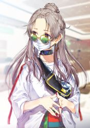 Rule 34 | 1girl, brown eyes, brown hair, earrings, face mask, glasses, highres, jewelry, mask, nail polish, ring, solo, yae (mono110)