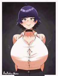 Rule 34 | 1girl, aestheticc-meme, ahoge, alex (aestheticc-meme), animated, animated gif, artist name, bare shoulders, black hair, blush, bouncing breasts, breasts, choker, collarbone, earrings, green eyes, heart, heart-shaped pupils, highres, huge breasts, jewelry, mole, mole on breast, mole under eye, nipples, no bra, open clothes, open shirt, original, pants, seductive smile, self exposure, shirt, shirt tucked in, short hair, sleeveless, smile, solo, symbol-shaped pupils, tomboy, white shirt