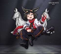 Rule 34 | 1boy, animal ears, arknights, black footwear, black hair, black pants, blue eyes, boots, courier (arknights), eyewear on head, full body, gloves, horse boy, horse ears, invisible chair, jacket, lataedelan, long sleeves, looking at viewer, one eye closed, pants, red gloves, red neckwear, scarf, sheath, sheathed, sitting, solo, sunglasses, sword, v, v-shaped eyebrows, weapon, white jacket