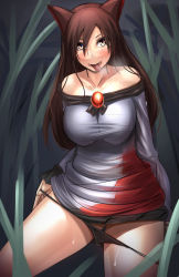 Rule 34 | 1girl, animal ears, ayakumo, bare shoulders, black panties, blush, breasts, brooch, brown hair, collarbone, colored eyelashes, curvy, fangs, female focus, highres, imaizumi kagerou, jewelry, large breasts, long hair, long sleeves, looking at viewer, open mouth, panties, panty pull, red eyes, shirt, skirt, solo, sweat, tail, thick thighs, thighs, tongue, tongue out, touhou, underwear, very long hair, werewolf, wide hips, wide sleeves, wolf ears