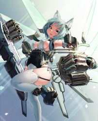 Rule 34 | 1girl, animal ears, aqua eyes, aqua hair, armpits, asymmetrical hair, boots, breasts, cat ears, cleavage, commentary request, covered erect nipples, elbow gloves, feet out of frame, garter straps, gloves, hair ornament, highres, leg up, leotard, long hair, looking at viewer, mecha musume, mechanical arms, mechanical wings, medium breasts, natori youkai, open mouth, original, sideboob, solo, standing, standing on one leg, thighhighs, white thighhighs, wings