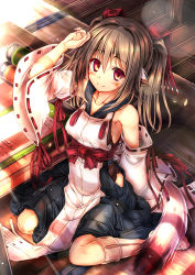 Rule 34 | 1girl, animal ears, aquaplus, arm up, bare shoulders, blush, breasts, brown hair, cleavage, closed mouth, collarbone, dress, fingernails, from above, hair ribbon, highres, indoors, japanese clothes, kaisu, light rays, long hair, long sleeves, looking at viewer, miko, mole, mole under eye, nekone (utawarerumono), off shoulder, raised eyebrows, red eyes, ribbon, shiny clothes, shiny skin, sideboob, sitting, sleeveless, small breasts, smile, solo, tail, twintails, utawarerumono, utawarerumono: futari no hakuoro, utawarerumono: itsuwari no kamen, wide sleeves