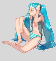 Rule 34 | 1girl, bare arms, bare legs, bare shoulders, barefoot, blouse, blue eyes, blue panties, blush, cold pack, full body, grey background, grey shirt, hand up, hatsune miku, highres, hot, jitome, kotatiyu, long hair, mouth hold, navel, no bra, no pants, open clothes, open shirt, panties, parted lips, profile, shirt, simple background, sleeveless, sleeveless shirt, solo, striped clothes, striped panties, towel, towel on head, twintails, underwear, very long hair, vocaloid